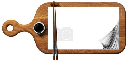 Téléchargez les photos : Arrière-plan pour un menu Sushi. Planche à découper en bois avec des pages bouclées blanches vides, deux baguettes en bois et un bol de sauce soja. Isolé sur fond blanc. - en image libre de droit