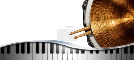 Musikinstrumente Isoliert auf weißem Hintergrund mit Kopierraum, goldenes Becken auf einer Snare Drum mit zwei hölzernen Drumsticks und einer Klaviertastatur mit Spiegelungen.