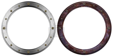 Foto de Dos agujeros de buey de metal con pernos aislados sobre fondo blanco, ilustración 3d. - Imagen libre de derechos
