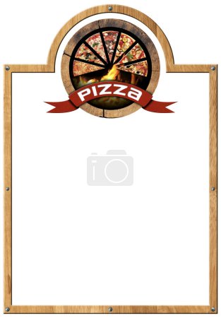 Photo pour Modèle pour un menu de pizza. Cadre en bois et symbole en bois avec tranches de pizza, flammes et ruban rouge avec pizza texte, isolé sur fond blanc et espace de copie. - image libre de droit