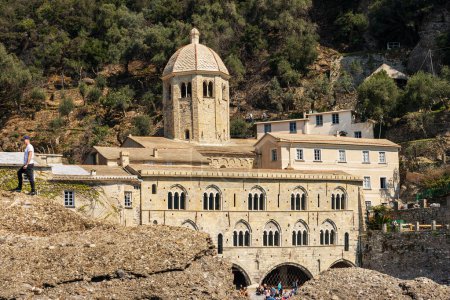 Photo for SAN FRUTTUOSO, ITALY - APR 8, 2023: Ancient San Fruttuoso abbey and museum, X-XI century, place of worship between Portofino and Camogli, Genoa province (Genova), Liguria, Italy, Europe. - Royalty Free Image