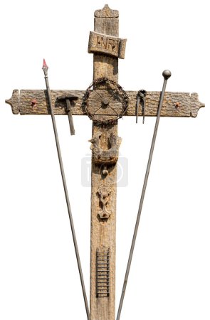 Photo for Old wooden cross with the symbols of the Passion of Jesus Christ, pincer, ladder, hammer, chalice, spear, crown of thorns, rooster, nails and text INRI. Isolated on white background. Vernazza, Italy. - Royalty Free Image
