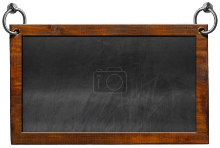Photo for Old blank blackboard with wooden rectangular frame and steel rings for hanging. Isolated on white background and copy space, template. - Royalty Free Image