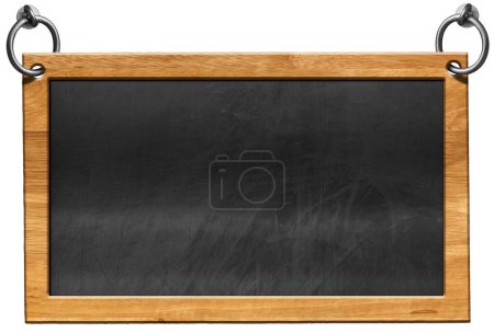 Photo for Old blank blackboard with wooden rectangular frame and steel rings for hanging. Isolated on white background and copy space, template. - Royalty Free Image