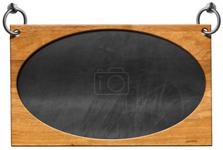Photo for Old blank blackboard with wooden oval frame (ellipse shape) and steel rings for hanging. Isolated on white background and copy space, template. - Royalty Free Image