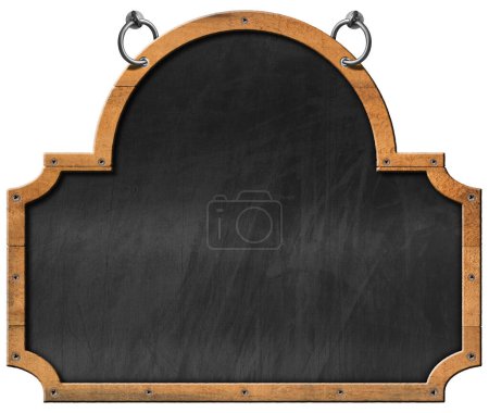 Photo for Old blank blackboard with wooden rectangular and circle frame and steel rings for hanging. Isolated on white background and copy space, template. - Royalty Free Image