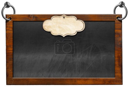Photo for Old blank blackboard with wooden rectangular frame and empty label. Steel rings for hanging. Isolated on white background and copy space, template. - Royalty Free Image
