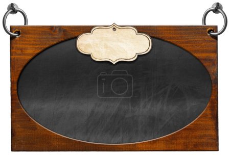 Photo for Old empty blackboard with wooden rectangular and oval frame (ellipse shape) and blank label. Steel rings for hanging. Isolated on white background and copy space, template. - Royalty Free Image