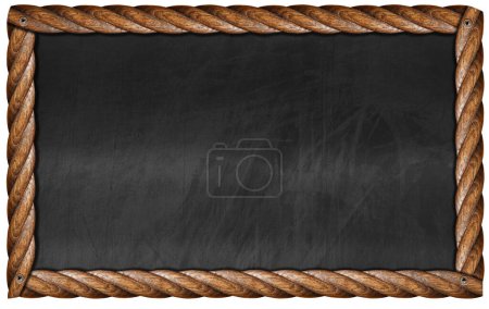 Photo for Old blank blackboard with wooden rectangular frame in the shape of brown ropes. Isolated on white background and copy space, template, photography. - Royalty Free Image