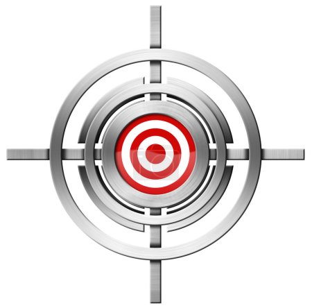 Rot-weißes Ziel in der Mitte eines Metallkreuzes, isoliert auf weißem Hintergrund. 3D-Illustration.