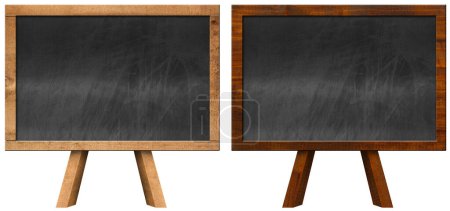 Photo for Two empty blackboards with wooden frame and easel isolated on white background, 3d illustration. - Royalty Free Image