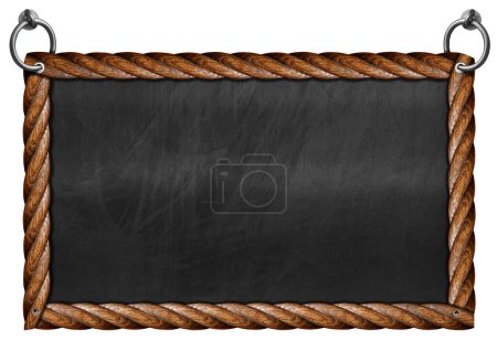 Photo for Old empty blackboard with wooden rectangular frame in the shape of brown ropes and steel rings for hanging. Isolated on white background and copy space, template, photography. - Royalty Free Image