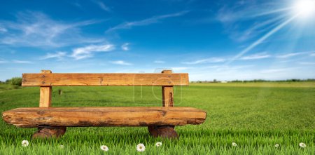 Téléchargez les photos : Gros plan d'un banc en bois vide fait de troncs d'arbres sur un paysage rural, pâturages verts, herbe, fleurs de marguerite, ciel bleu avec nuages et rayons de soleil. - en image libre de droit
