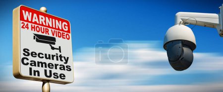 Photo for Closeup of a modern white and black security camera and a road sign with text Warning 24 Hour Video Security Cameras in Use, against a clear blue sky with clouds and copy space. - Royalty Free Image