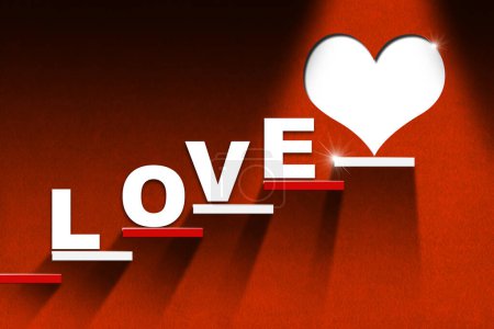 Ilustración 3D de una escalera con escalones rojos y blancos en una pared roja con un corazón blanco en el último paso y texto Love. El concepto del camino del amor.