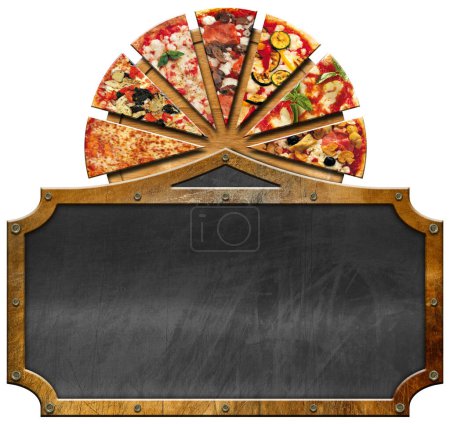 Photo for Template for a Pizza Menu. Wooden and metal sign with slices of pizza and empty blackboard with copy space. Isolated on white background. - Royalty Free Image