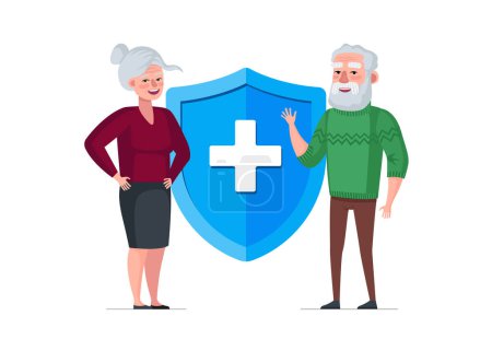 Illustration for Elderly life and health insurance banner concept. Senior couple near protection shield with medical symbol. Grandparents medical support. Old people healthcare vector eps illustration - Royalty Free Image