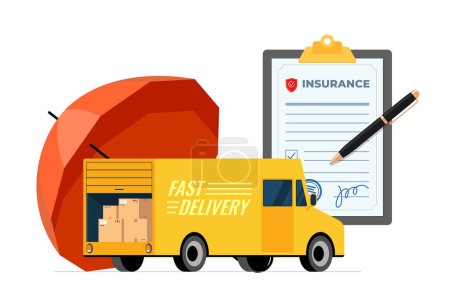 Illustration for Freight cargo delivery insurance concept. Parcel package van transportation protection coverage guaranty care. Cardboard boxes in lorry truck with logistics courier service policy. Safe shipping eps - Royalty Free Image