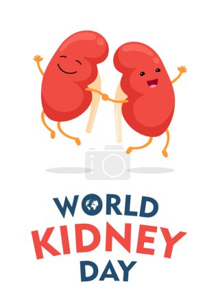 Illustration for World kidney day vertical poster with cartoon characters joyful jumping. International human healthy kidneys care celebration placard. Genitourinary system internal organ mascot on holiday banner. Eps - Royalty Free Image