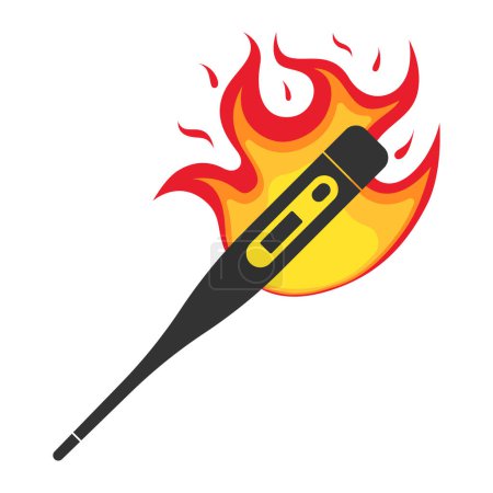 Digital stick thermometer in fire flame icon. Burning electronic medical instrument showing fever and high temperature symbol. Illness and infection vector sign