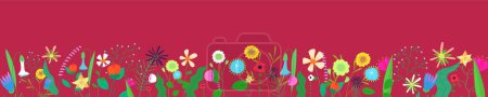 Téléchargez les illustrations : Floral horizontal banner on viva magenta background. Spring wild blooming flowers border. Herbal plants decoration. Delicate summer field and meadow wildflowers. Botanical abstract blooms on bottom - en licence libre de droit