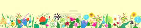 Téléchargez les illustrations : Floral horizontal banner on yellow background. Spring wild blooming flowers border. Herbal plants decoration. Delicate summer field and meadow wildflowers. Botanical abstract blooms on frame bottom - en licence libre de droit