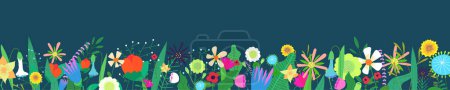 Téléchargez les illustrations : Floral horizontal banner on dark blue background. Spring wild blooming flowers border. Herbal plants decoration. Delicate summer field and meadow wildflowers. Botanical abstract blooms on frame bottom - en licence libre de droit