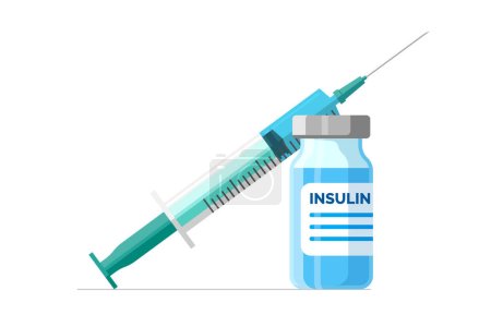 Illustration for Insulin ampoule with injection syringe. Diabetes control concept. Medical shot for diabetic patients. Medicine bottle for people with high blood sugar. Vector isolated eps illustration - Royalty Free Image