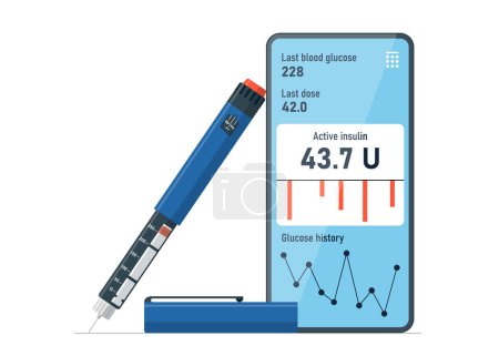 Blood glucose measurement and diabetes self care mobile app with insulin injector pen. Diabetic sugar online control and hormone injection smartphone application concept. Diabet monitoring and treat