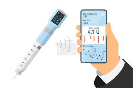 Blood glucose measurement and diabetes self care mobile app with digital wireless insulin injector pen. Diabetic sugar online control and hormone injection application concept. Diabet monitoring treat
