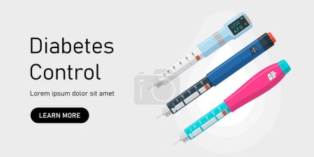 Illustration for Insulin injection pen set on website banner. Hormone syringes poster. Diabetes control injector landing page. Medical devices for diabetic patients. Medicine shot for high blood sugar people. Vector - Royalty Free Image
