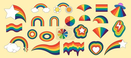 Illustration for Retro groovy rainbow hipster set. Psychedelic hippie rainbows collection. Vintage hippy style crazy various abstract iridescent arch. Trendy pop culture colorful bright design elements. Vector eps - Royalty Free Image