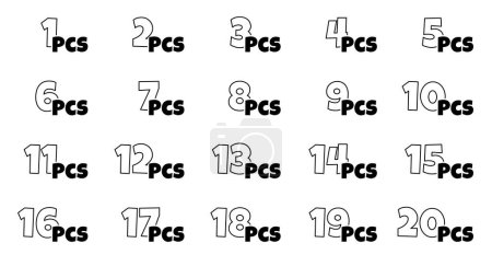 Illustration for Number of pieces in package set. From 1 to 20 pcs packaging label collection. Items amount in product packing. Cartoon style outline icons. Vector eps illustration isolated on white background - Royalty Free Image
