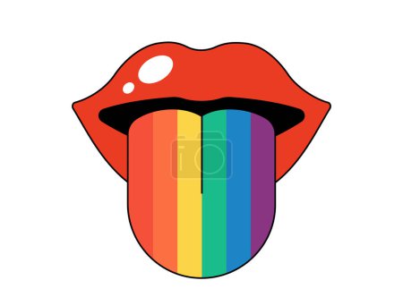 Illustration for Retro groovy opened mouth with rainbow colored tongue sticking out and licking. Hippy red open lips. Funky psychedelic female lip. Vintage positive hippie sticker print. Trendy y2k pop art EPS patch - Royalty Free Image