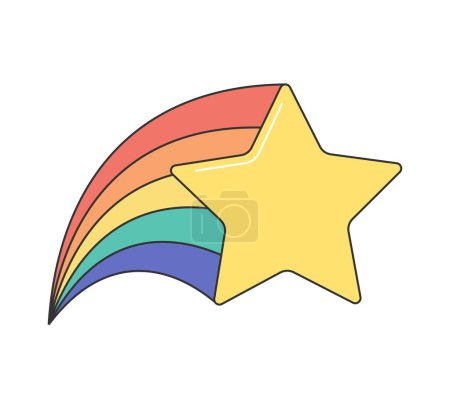 Retro grooviger Stern mit bunten regenbogenfarbenen Spuren. Vintage-Hippie-Cartoon schillernde Spur aus gelbem Kometenaufkleber. Hippie-Stil trendy y2k funky Vektor isoliert eps Illustration