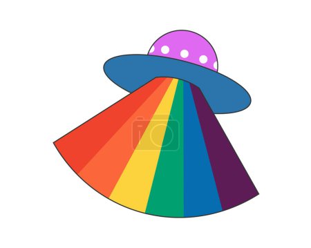 Illustration for Retro groovy hipster UFO with rainbow rays. Psychedelic hippie flying saucer with iridescent colors beam. Hippy vintage abstract crazy sticker. Trendy y2k pop art colourful element. Trippy eps vector - Royalty Free Image