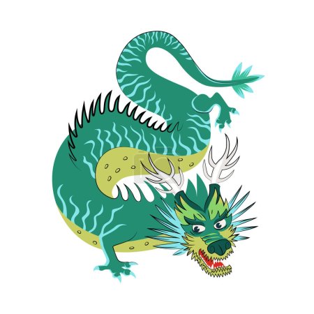 Illustration for Traditional Chinese green dragon zodiac sign. Asian sacred symbol of goodness and power. Japanese ancient animal vector illustration isolated on white background - Royalty Free Image