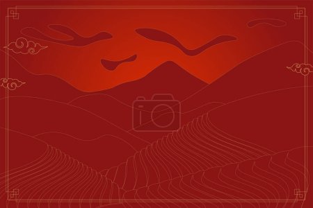 Téléchargez les illustrations : Terrain de riz au coucher du soleil rouge affiche. Terrasses agricoles chinoises dans un paysage montagneux. Paysages agricoles ruraux avec paddy. Terrace plantation de thé fermier. Asiatique prairie agricole vecteur eps fond - en licence libre de droit