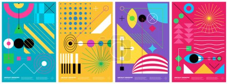 Illustration for Abstract brutalism poster set with memphis geometric shapes. Modern brutalist style minimal simple graphic print. Brutal trendy y2k placard design template. Aesthetic contemporary art vector cover - Royalty Free Image