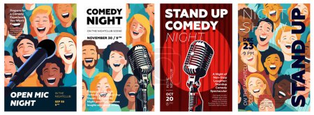 Stand up comedy show poster set. Open mic night funny event flyer and print template collection. Vintage microphone with laughing people on promo placard. Typography banner design. Vector illustration