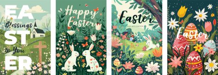 Illustration for Happy Easter Day holiday creative poster set. Colorful eggs hunt and cute rabbit and Christian church. Traditional spring religious celebration greeting card. Vector modern art drawing festive bunny - Royalty Free Image