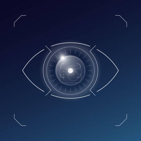 Illustration for HUD retinal recognition biometric ID scan icon concept. User eye verification symbol. Person optic identity security digital sign. Human retina identification. Glow authorization interface eps design - Royalty Free Image