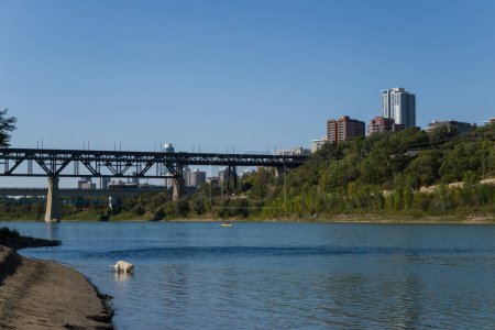 Foto de Puente Walterdale sobre el río Saskatchewan Norte. Tráfico diurno, hora de verano. arquitectura moderna, panorama de la ciudad Edmonton, Alberta, Canadá - Imagen libre de derechos