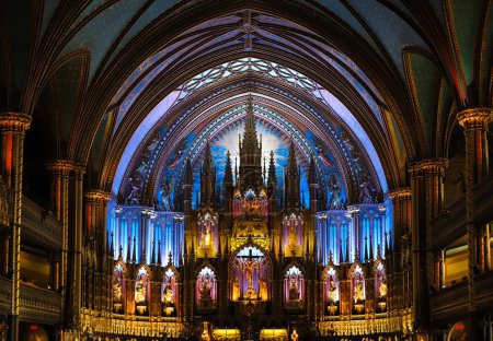 Photo for Montreal Notre Dame Basilica, inside the Catholic church - ancient decoration, Gothic style, stained glass windows. - Royalty Free Image