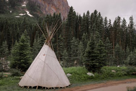 Téléchargez les photos : Une tente tipi wigwam se tient seule dans la forêt. Loisirs actifs en montagne. Randonnée pédestre, camping, abri dans les Rocheuses, Alberta, Canada - en image libre de droit