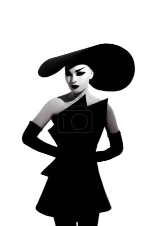 Foto de Mujer joven con maquillaje en la cara posa en el estudio con elegante sombrero de ala ancha, vestido negro y guantes sobre fondo blanco. Imagen aislada. - Imagen libre de derechos