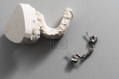 Téléchargez les photos : Modèle de gypse coulée dentaire des mâchoires humaines. Dents tordues et morsure distale. Des coups de feu ont été faits avant le traitement avec des appareils. Photos techniques sur fond gris. - en image libre de droit