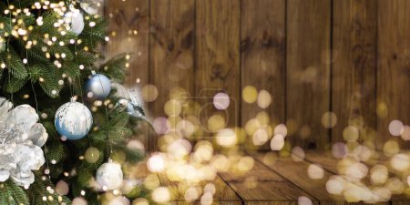 Photo for Christmas Tree with Decorations Near a Fireplace with Lights. High quality photo - Royalty Free Image