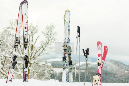 Photo for Picture of three pairs of skis of skiers family on the chair lift - Royalty Free Image
