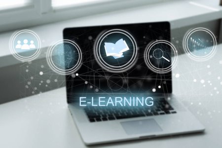E-Learning-Ausbildung, Internet-Unterricht und Online-Webinar. Person, die Online-Unterricht auf einem digitalen Bildschirm besucht. Bildung Internet-Technologie